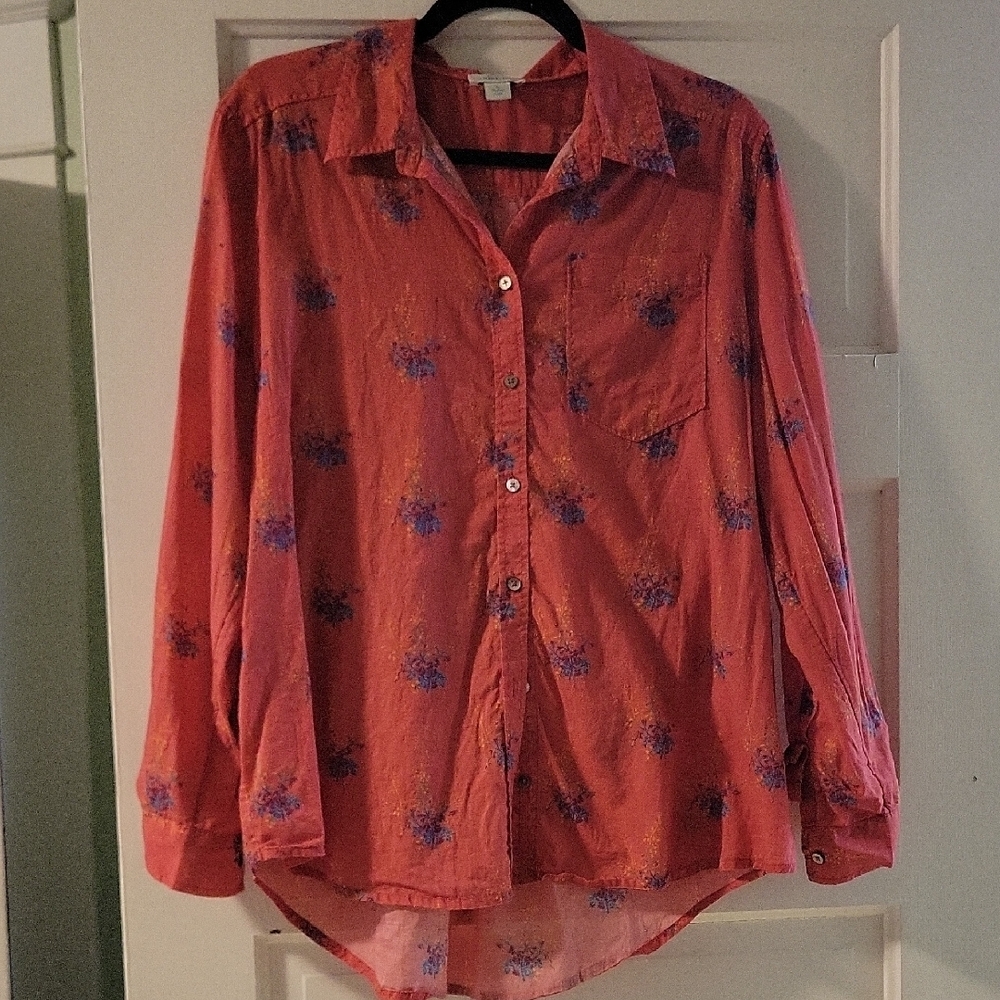 Sundance Coral Button-Down Shirt with Blue Floral Print